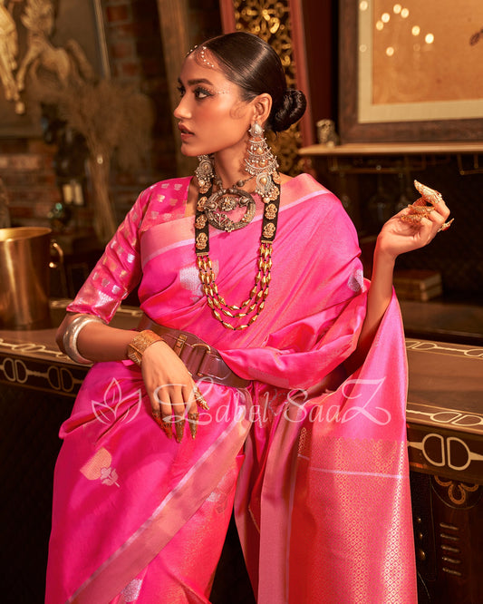 Pink Zari Base Designer Lotus Handloom Saree