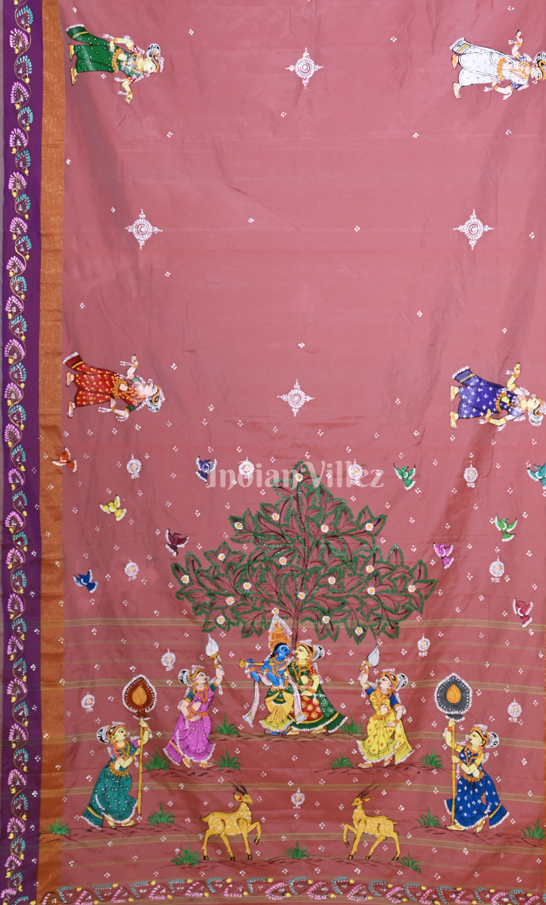 Mauve Pink Krishna Rasa Leela Hand-Painted Pattachitra Saree