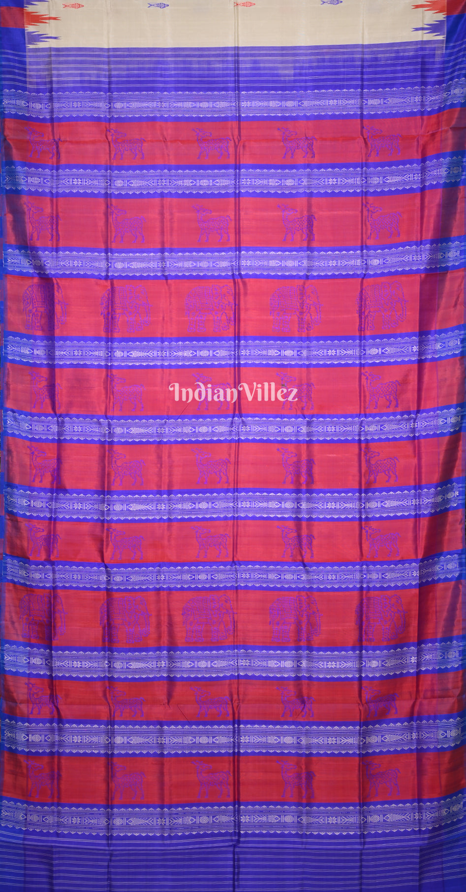 White with Multicolour Fish Motif Double Pallu Berhampuri Silk Saree