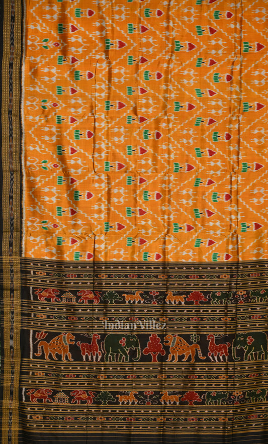 Yellow Black Tribal Theme Odisha Ikat Khandua Silk Saree 