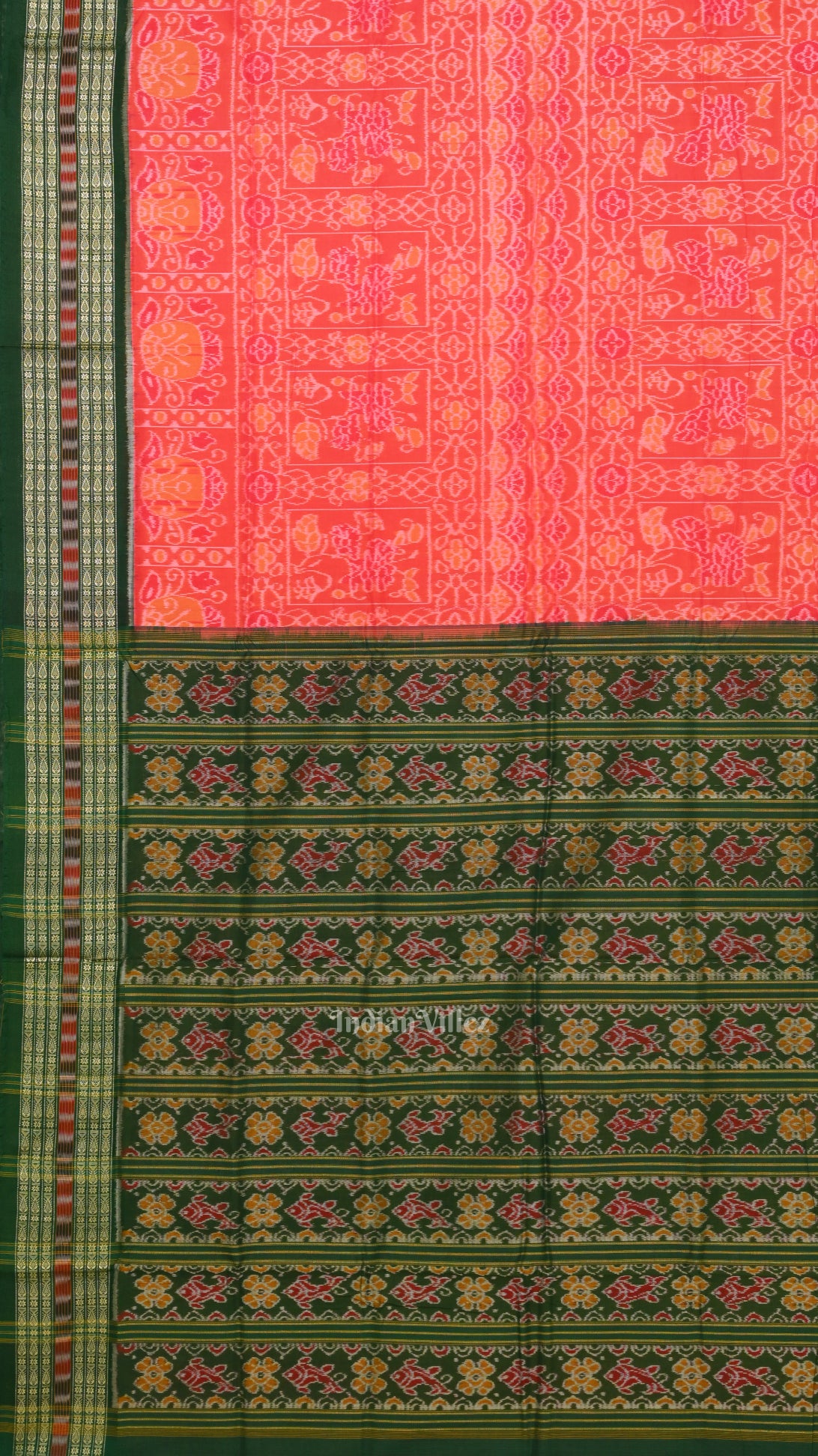 Peach Pink with Green Sambalpuri  Silk * Cotton (Bapta) Saree