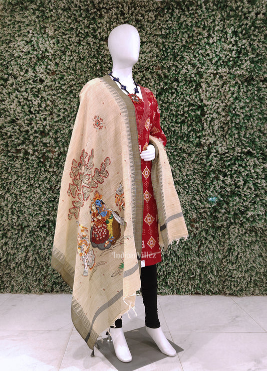 Cream Beige Radha Krishna Raasleela Tussar Pattachitra Dupatta