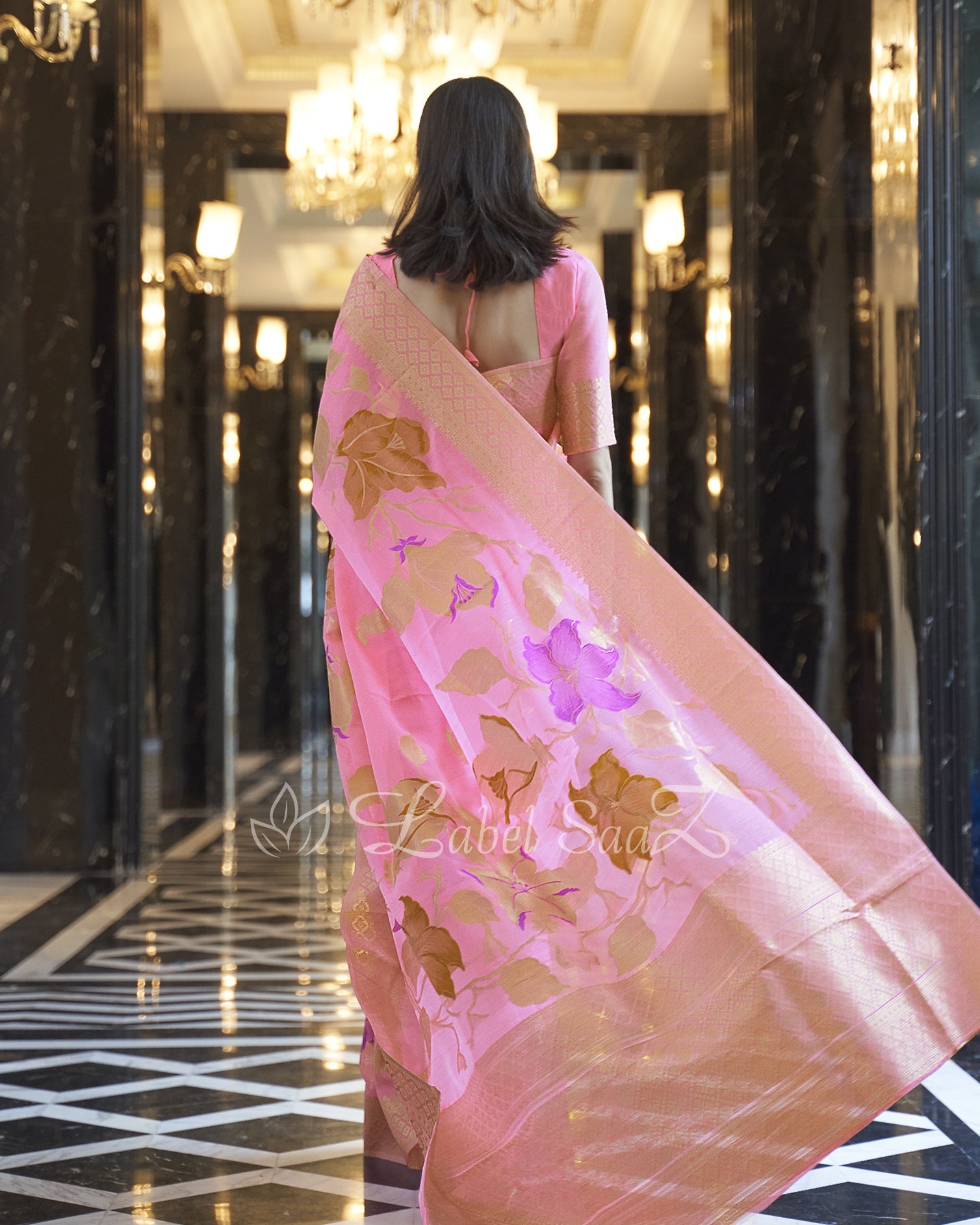 Pink Floral Handwoven Linen Saree