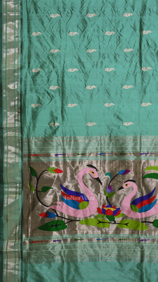  Teal Blue Peacock Butti Silk paithani Saree