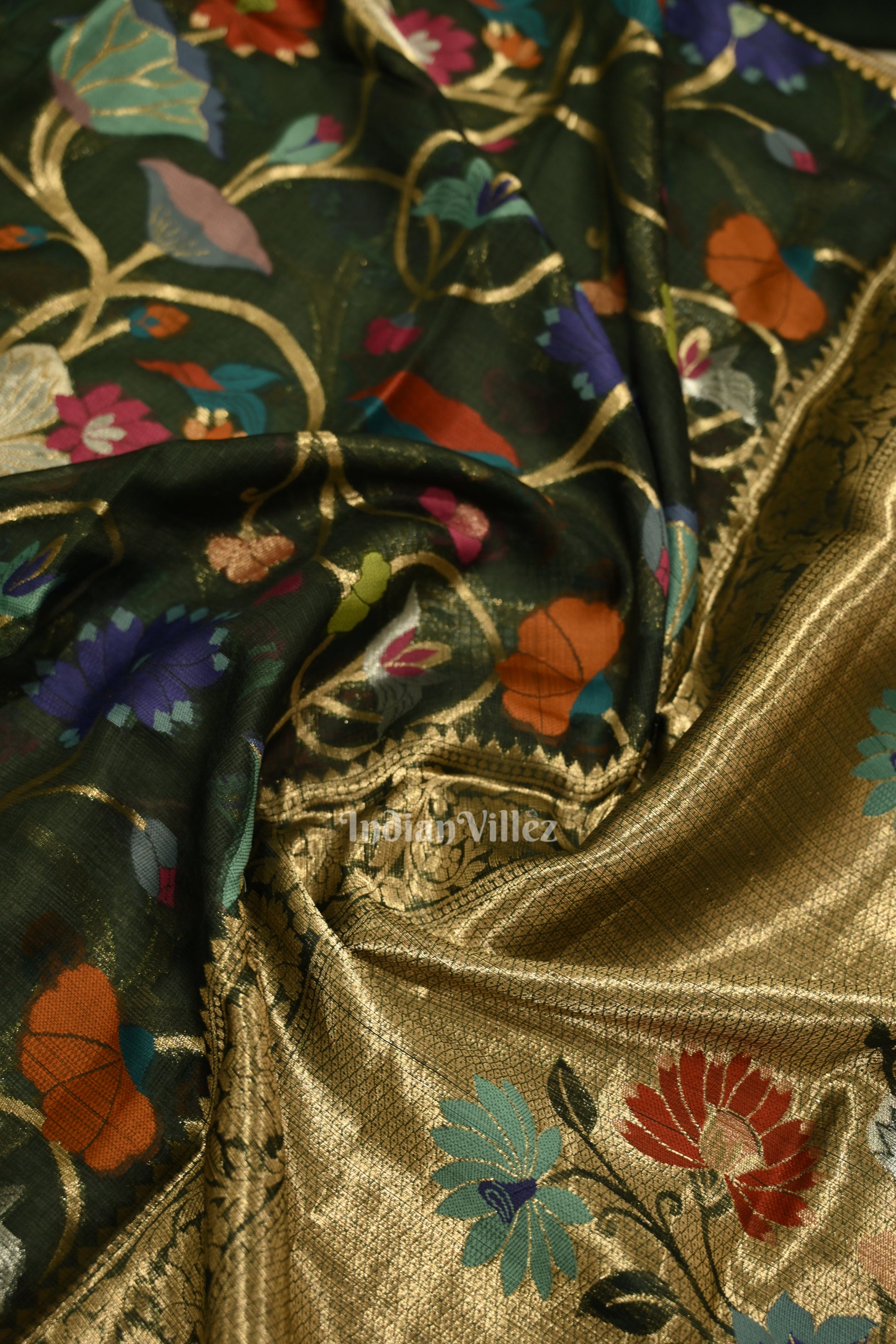 Bottle Green Pure Jamdani Banarasi Kota Saree