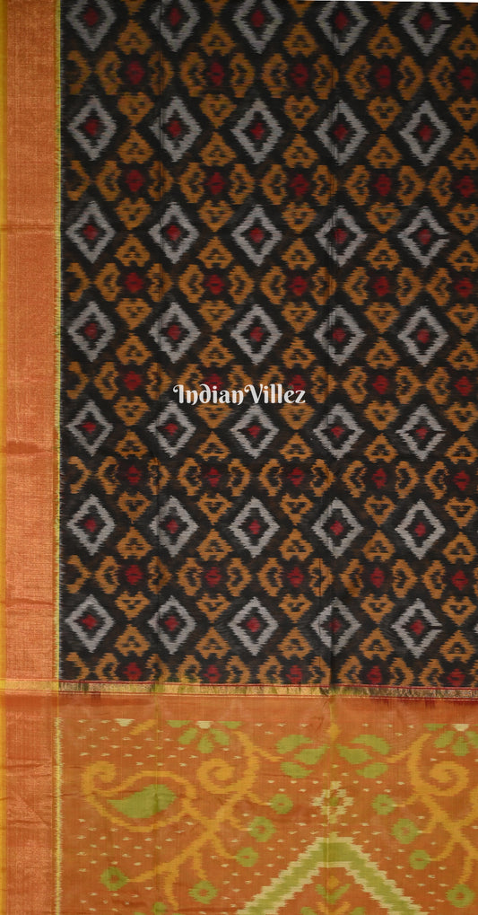Black Rust Orange Pochampally Ikat Silk Cotton (Sico) Saree 