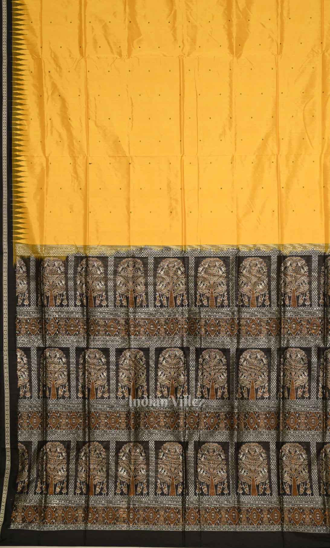Mustard Yellow Black Butta Design Bomkai Sambalpuri Silk Saree 