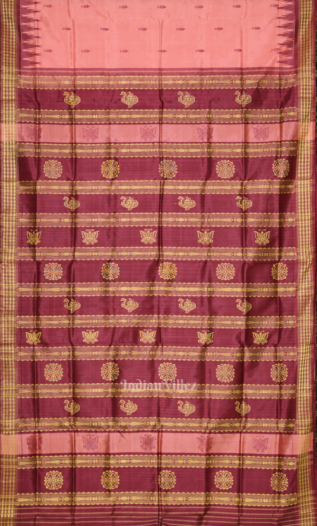Peach Maroon Double Pallu Berhampuri Silk Saree