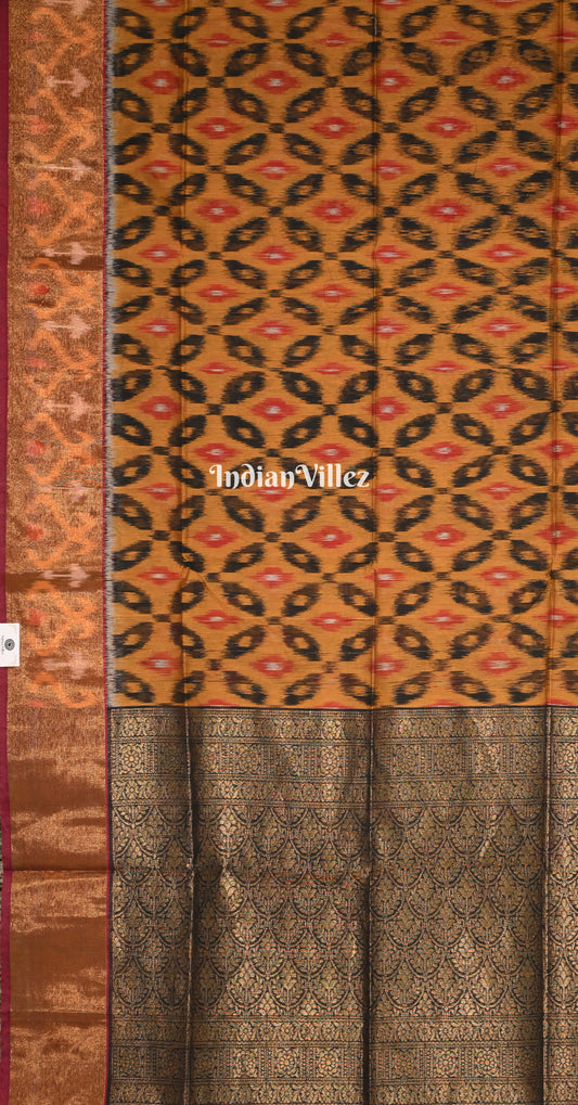 Rust Orange Black Pochampally Ikat Silk Cotton (Sico) Saree 