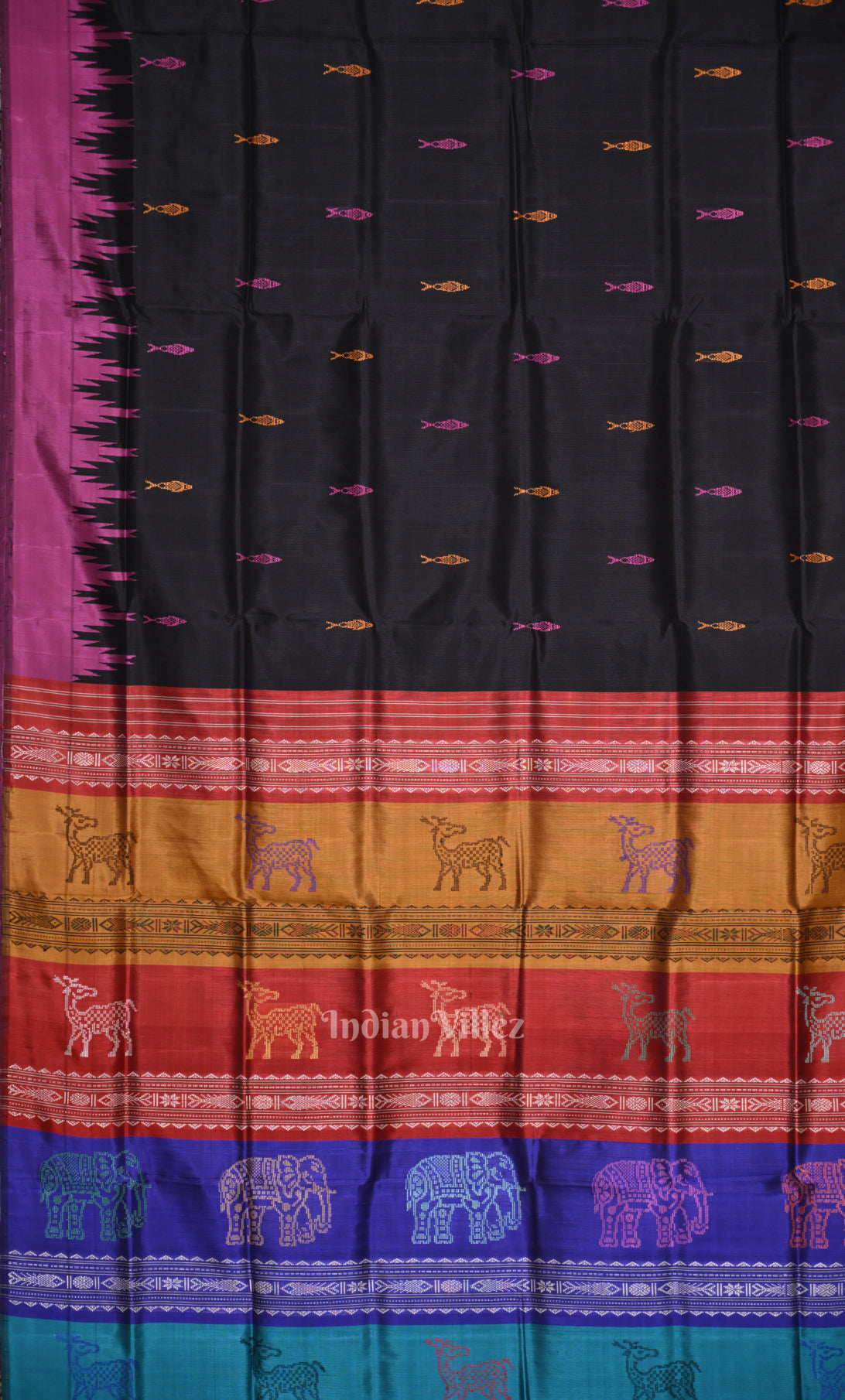 Black Fish Motif Double Pallu Berhampuri Silk Saree 