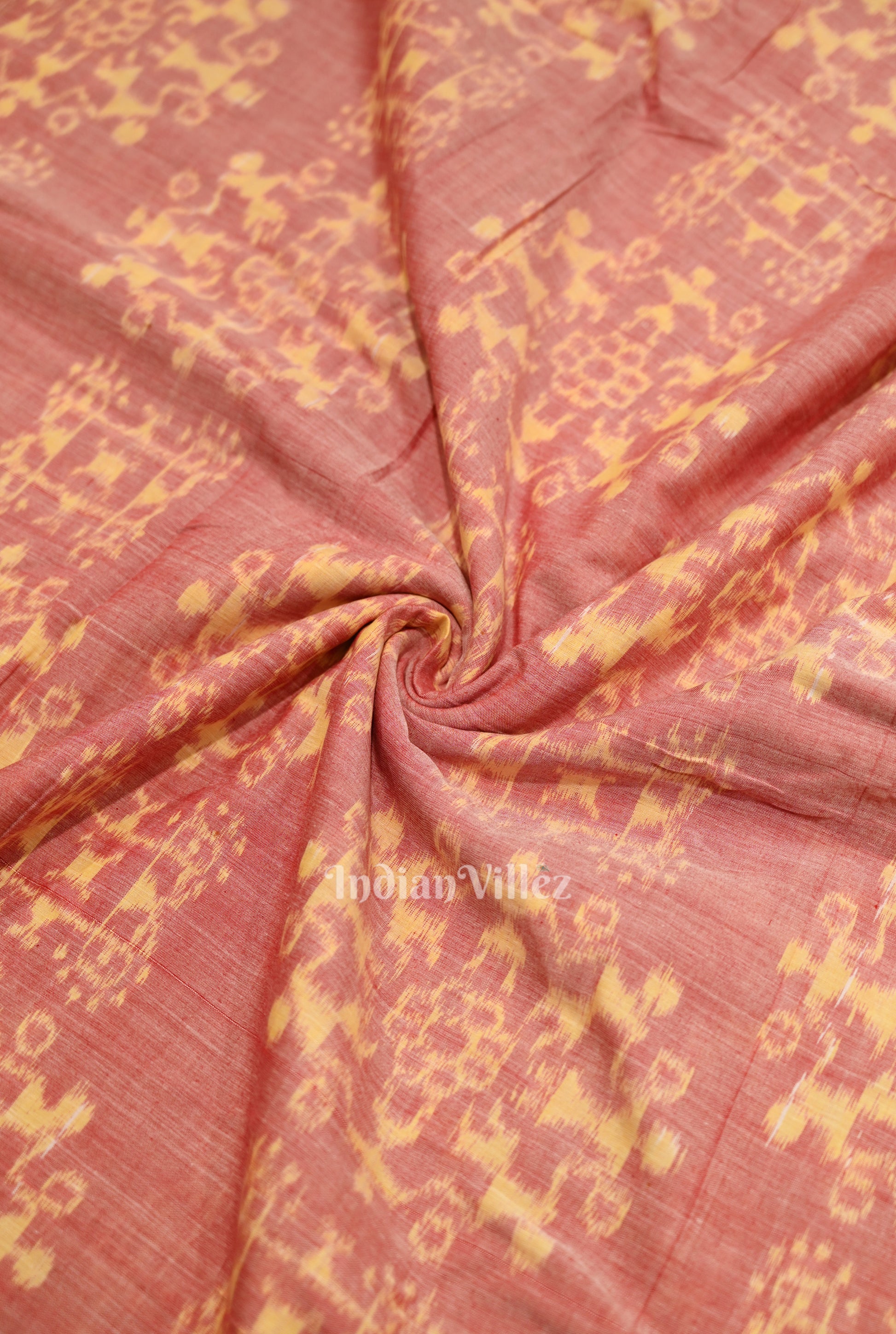 Peach Pink  Tribal Jhoti Theme Sambalpuri Odisha Ikat Cotton Fabric