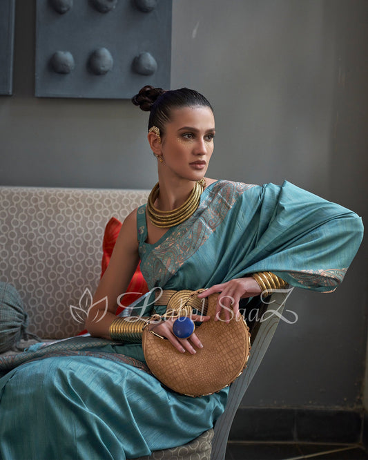 Blue Handwoven Tussar Banarasi Saree with Copper Zari