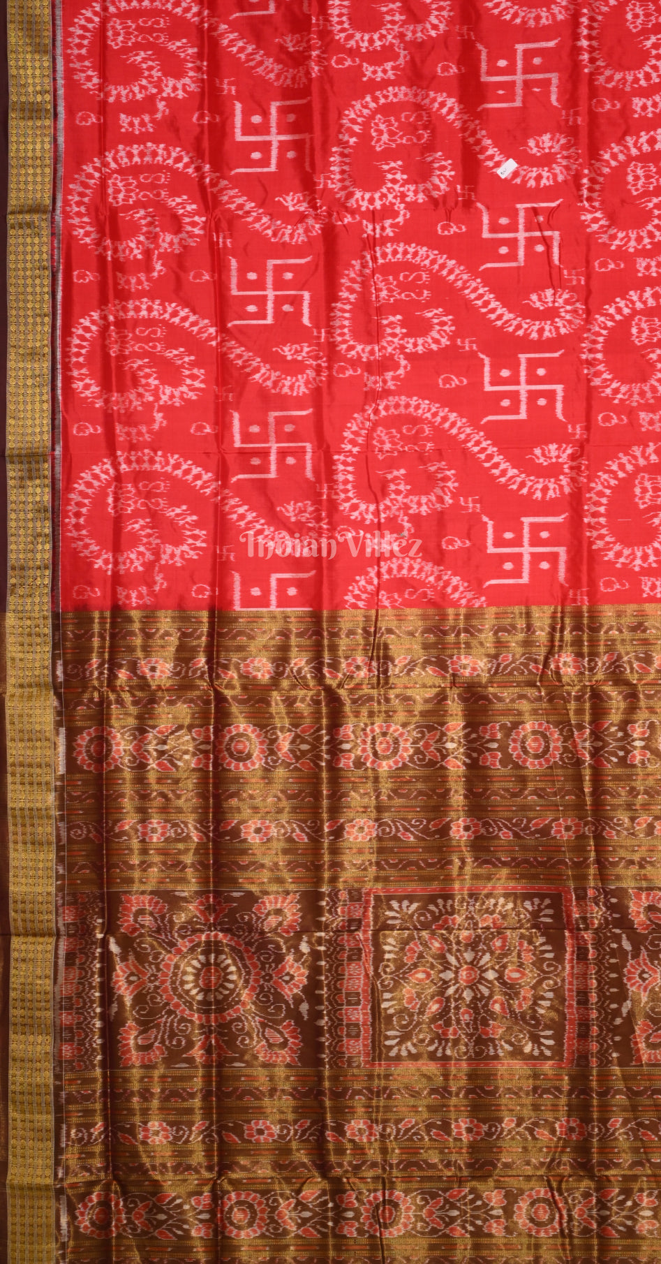 Red Coffee Omm & Swastik Motif Half Tissue Sambalpuri Silk Saree