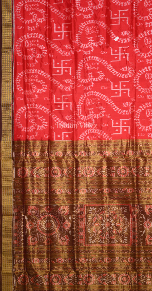 Red Coffee Omm & Swastik Motif Half Tissue Sambalpuri Silk Saree