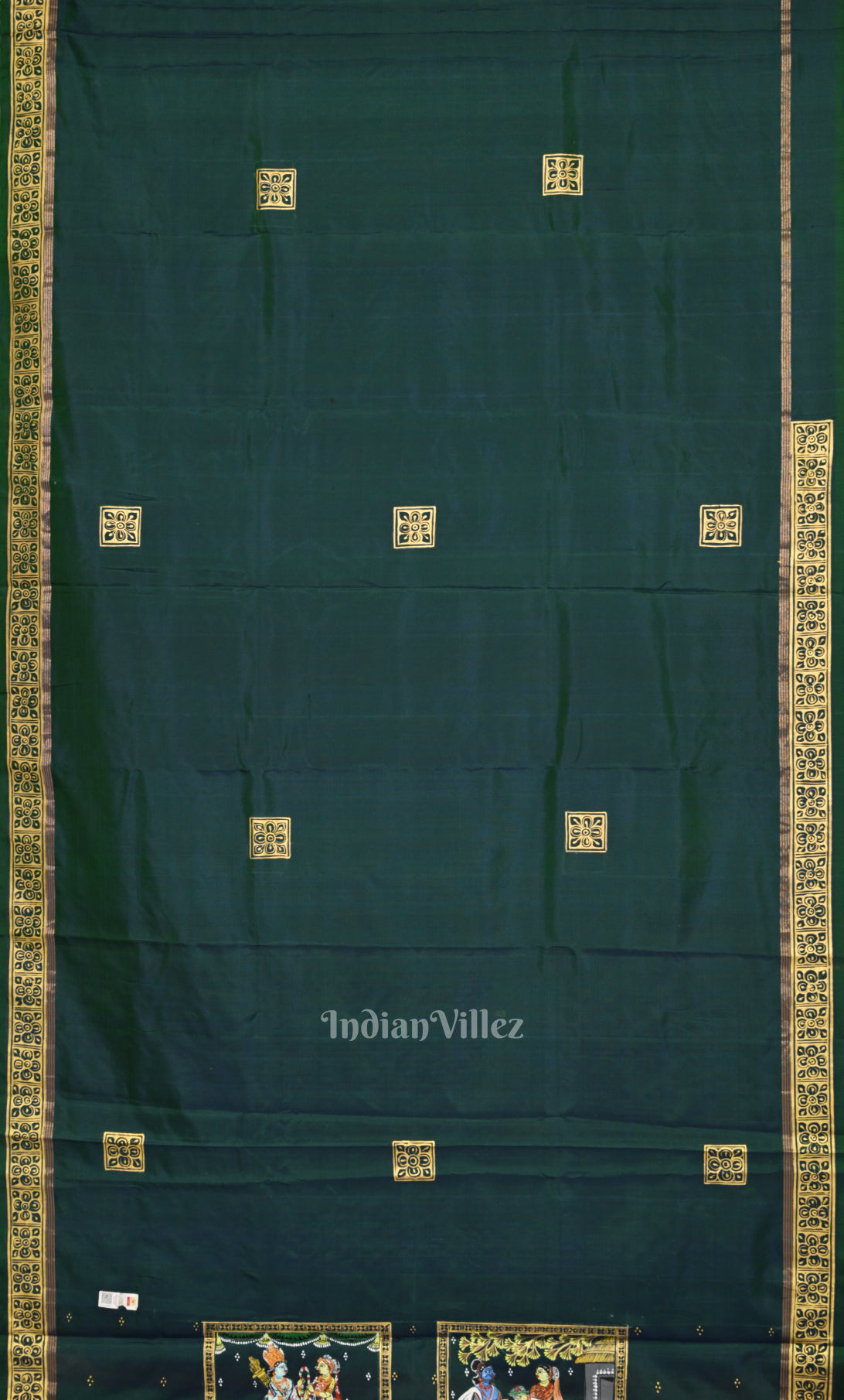 Bottle Green Pink Ramayan Hand- Painted Pattachitra Saree 