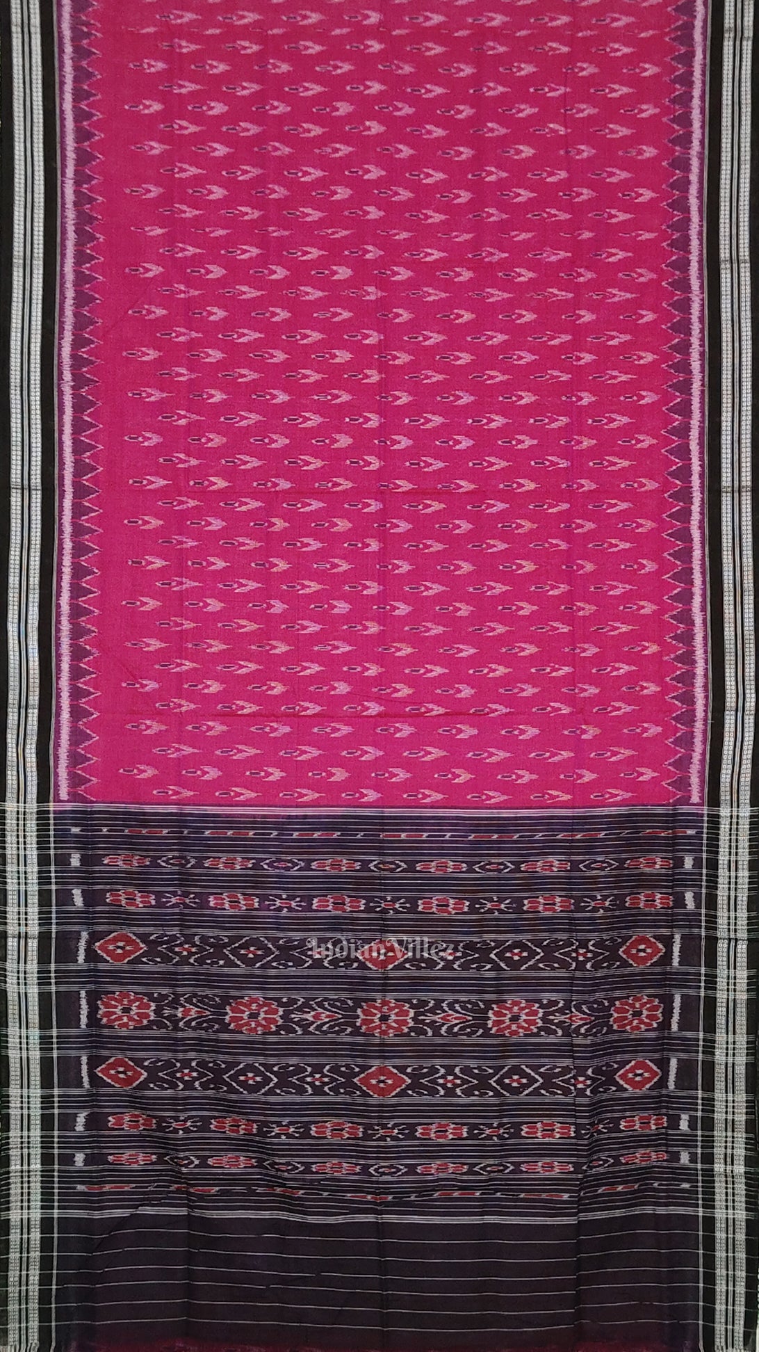 Rani Pink Black Mayur Chandrika Maniabandha Cotton Saree