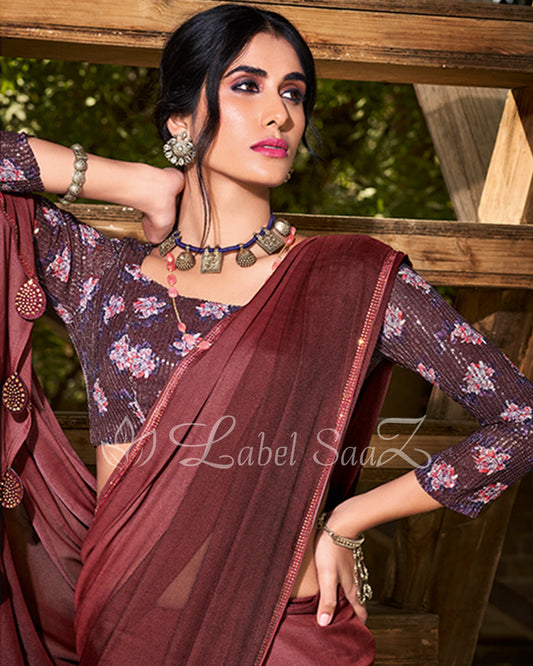 Red Chiffon  Saree with Floral Blouse 