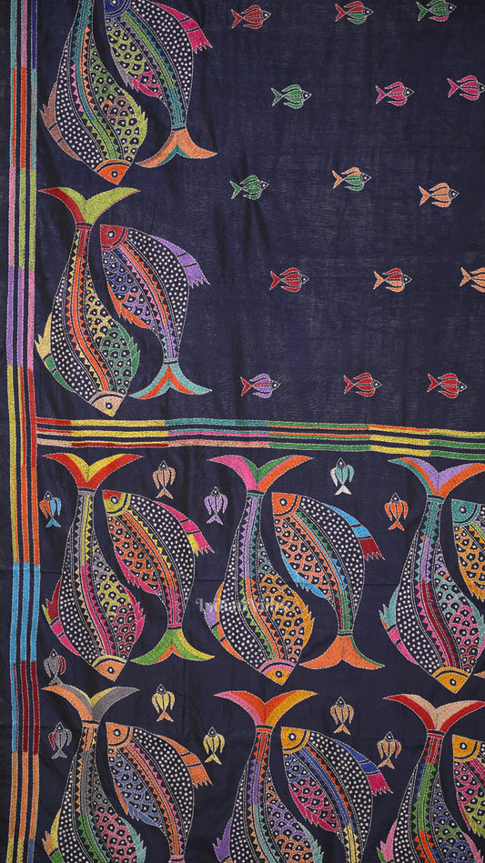 Navy Blue Handwoven Kantha Stitch Silk Saree 