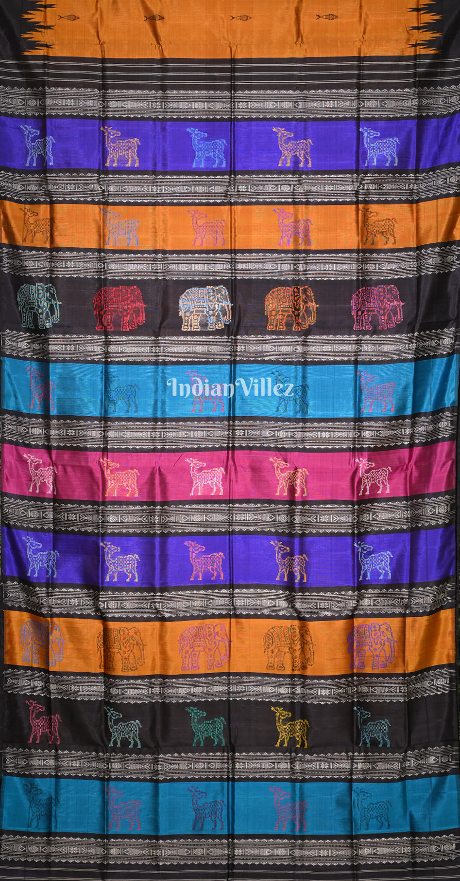 Orange Black Fish Motif Double Pallu Berhampuri Silk Saree