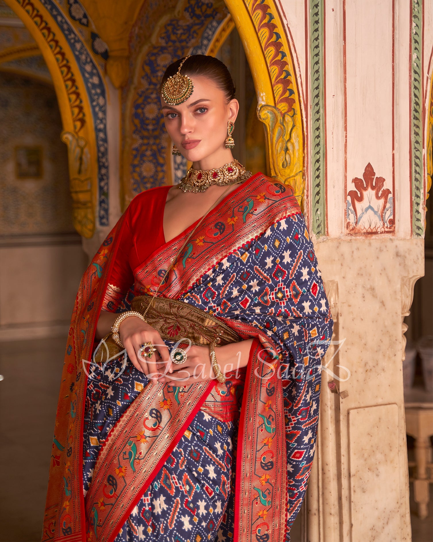 Dark Blue Red Patola inspired Pochampally with Paithani Border and Pallu