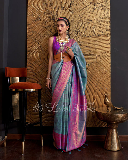 Sky Pink Chaap Handloom Weaving Silk Saree
