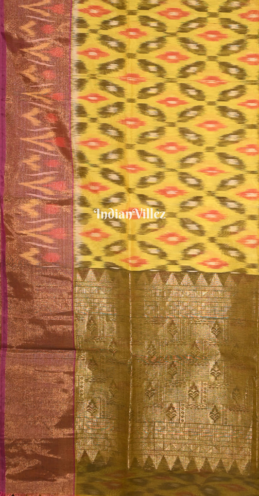 Yellow Moss Green Zig Zag Pochampally Ikat Silk Cotton (Sico) Saree