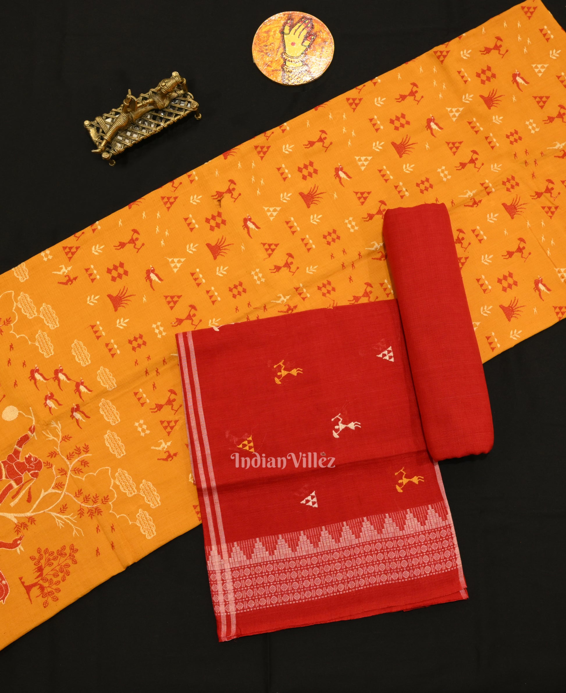 Yellow Red Tribal Design Sambalpuri Cotton Dress set with Dupatta