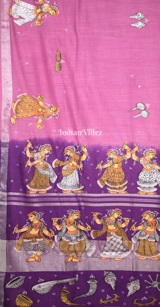Pink Purple Dandiya Hand-Painted Pattachitra Saree