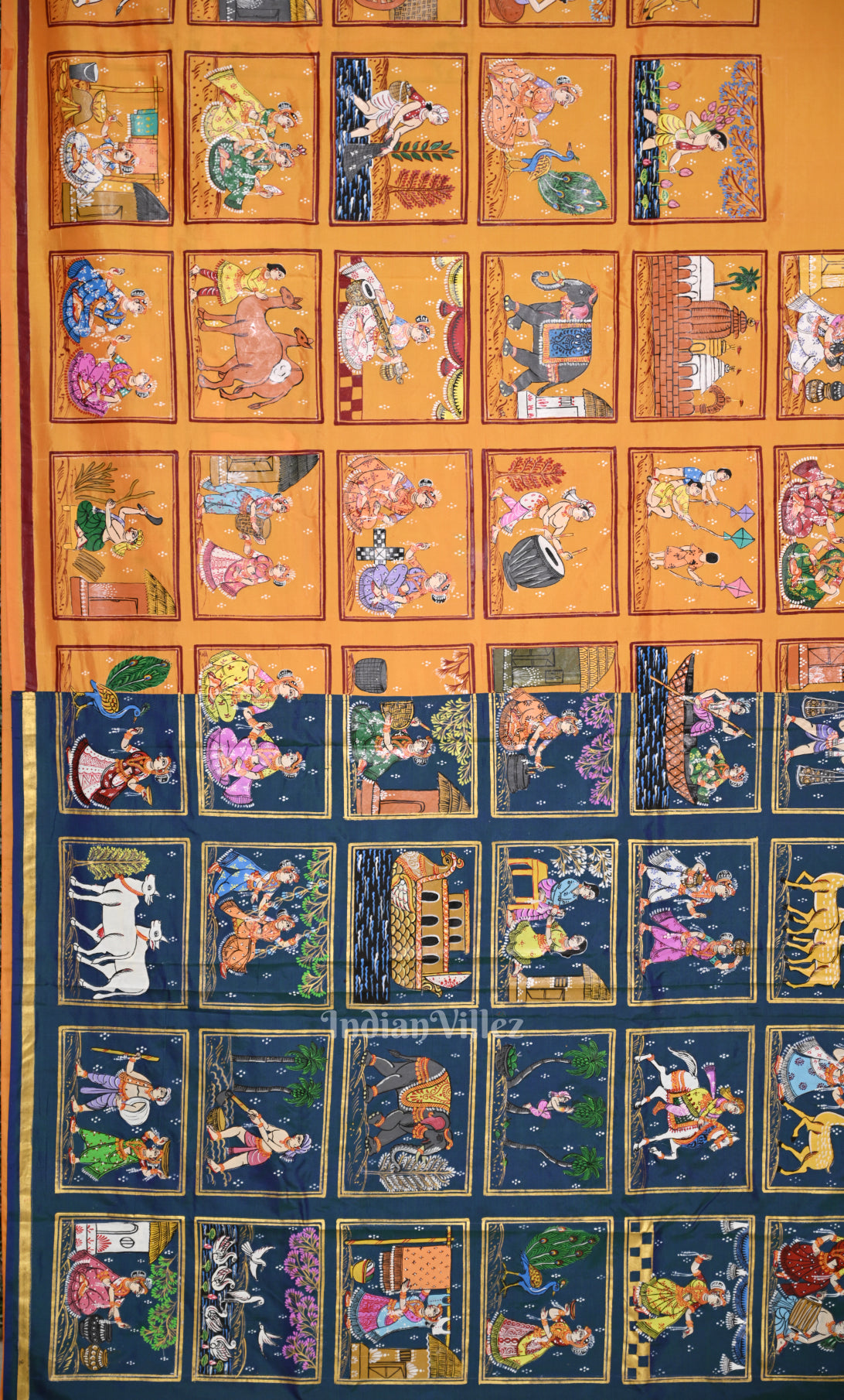 Blue Yellow Krishna Raas Village Theme Hand- Painted Pattachitra Saree