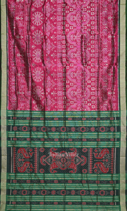Magenta Pink Green Tribal Jhoti Theme Odisha Ikat Sambalpuri Silk Saree 