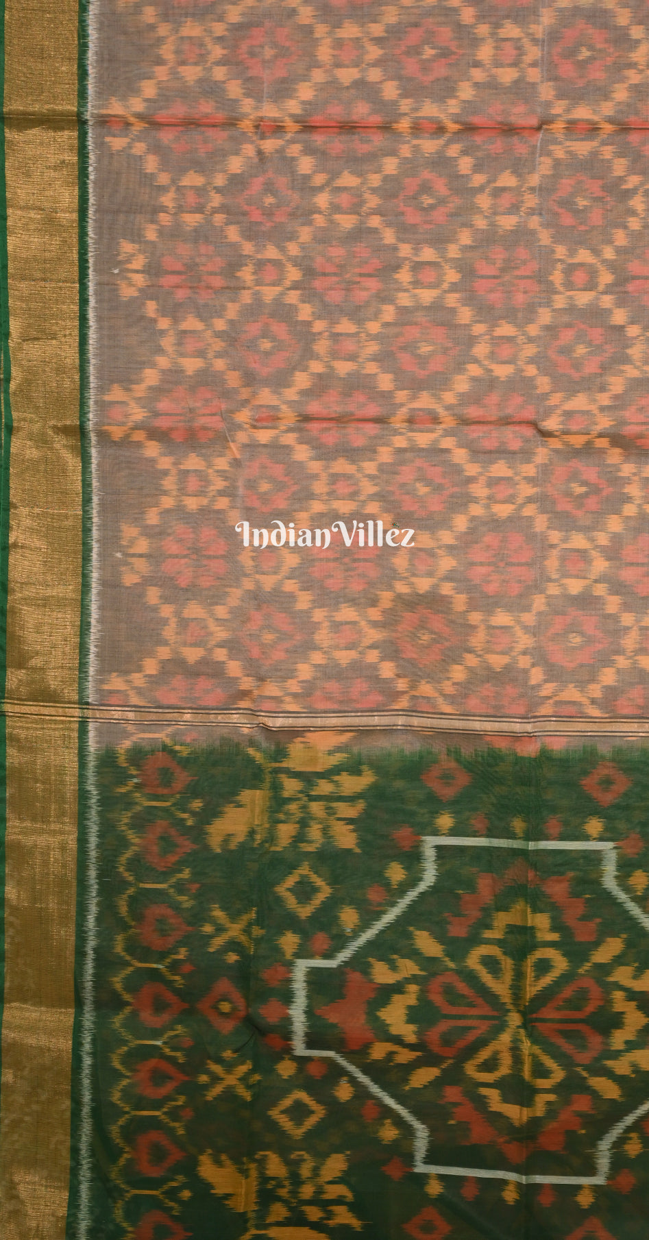 Peach Green  Pochampally Ikat Silk Cotton (Sico) Saree