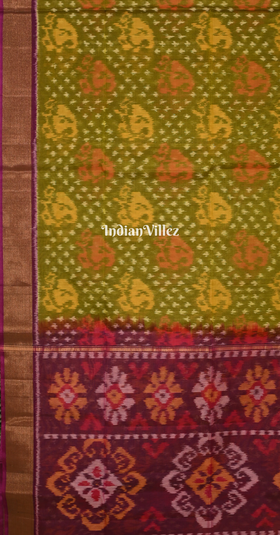 Mehendi Green Maroon Pochampally Ikat Silk Cotton (Sico) Saree 