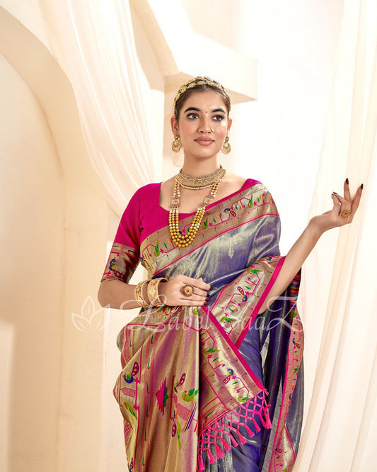 Blue Rewa Tissue Handloom Paithani Saree