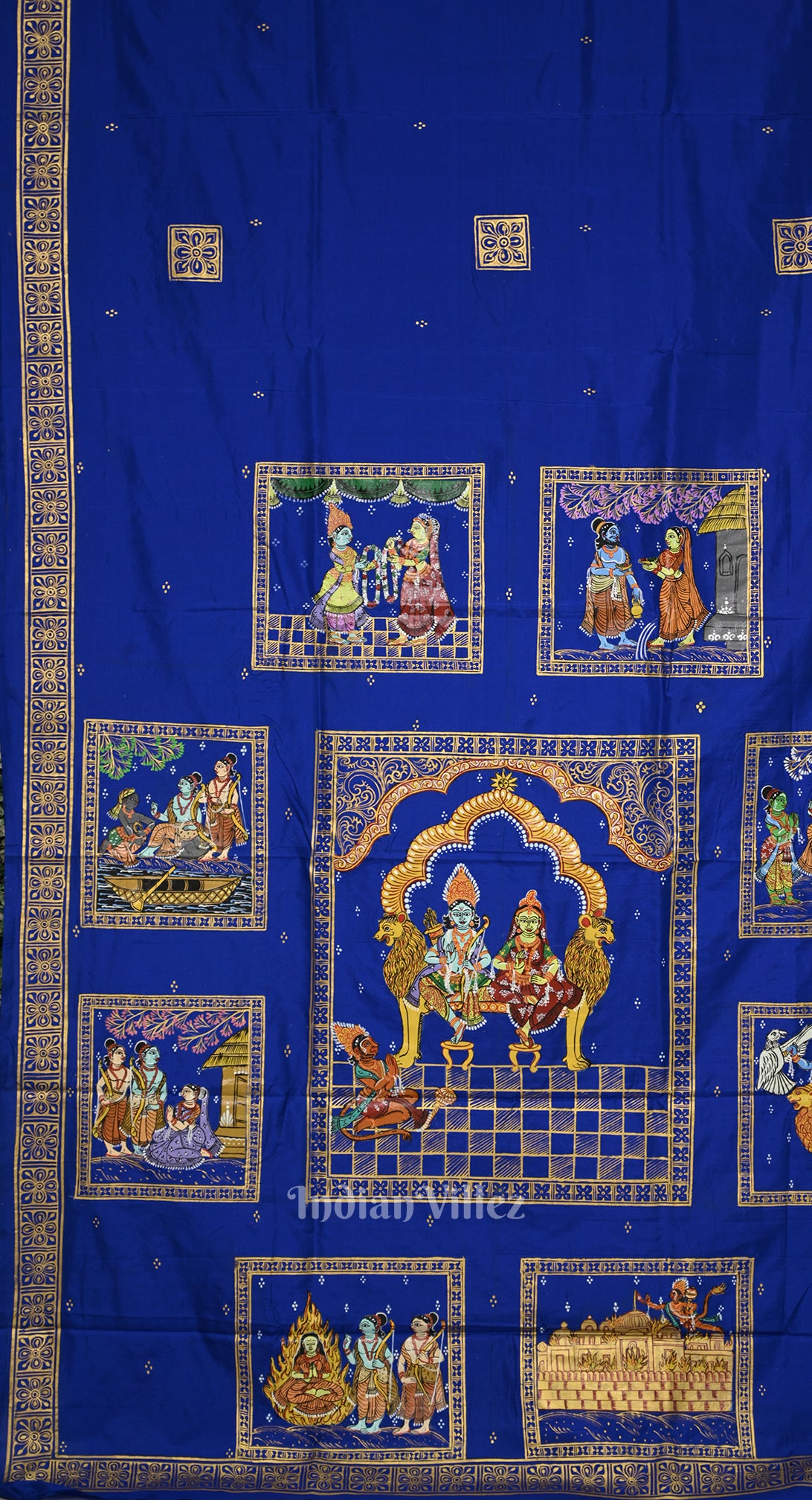 Royal Blue Ramayan Theme Hand-Painted Pattachitra Saree 