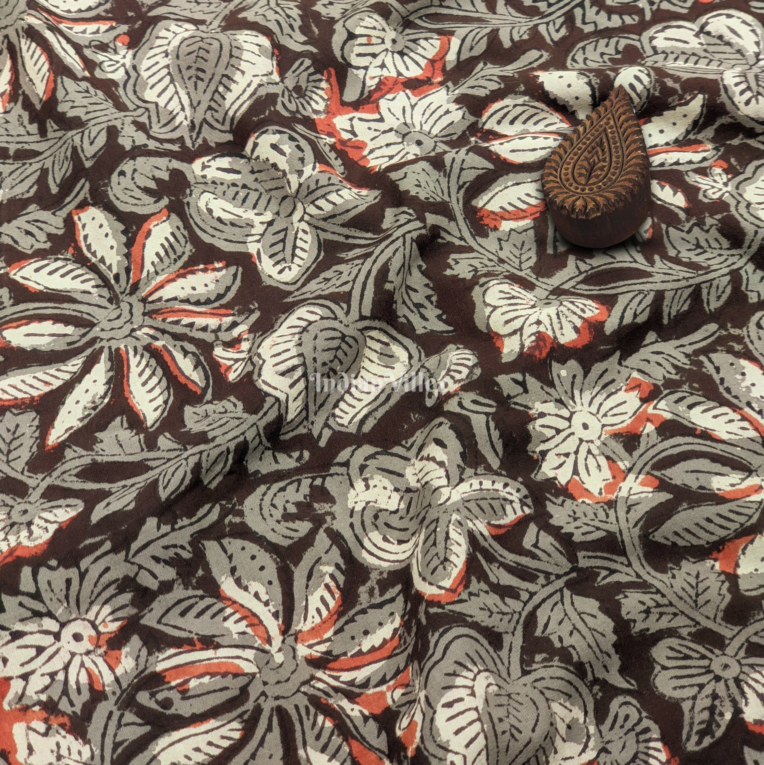 Brown Floral Hand Block Printed Cotton Fabric