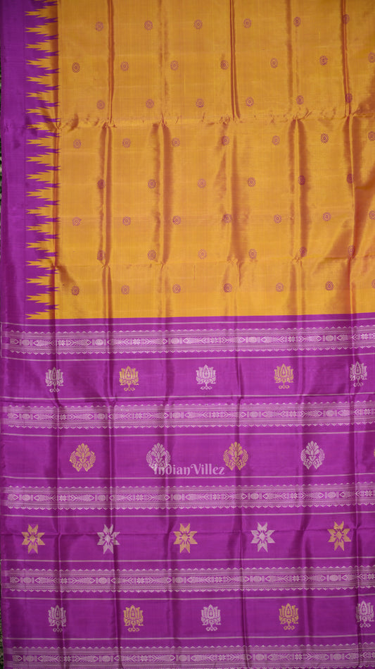 Mustard Yellow Rani Pink Phoda kumbha Border With Double Pallu Berhampuri Silk Saree
