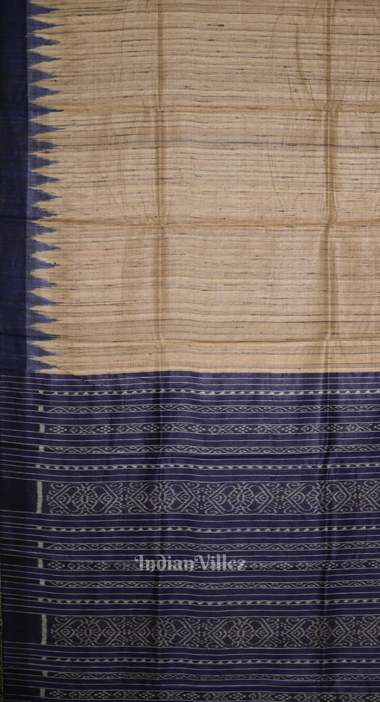 
Beige Tussar Silk Saree with Blue Border & Anchal 


