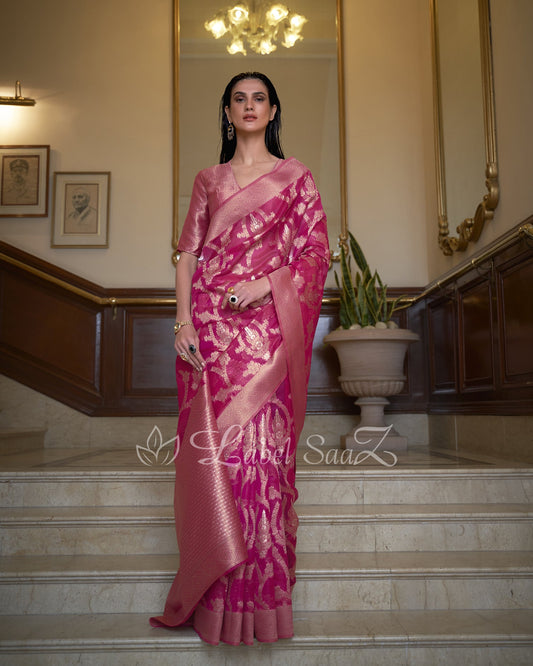 Pink Dual Tone Handloom Weaving Organza Saree With Blouse Piece