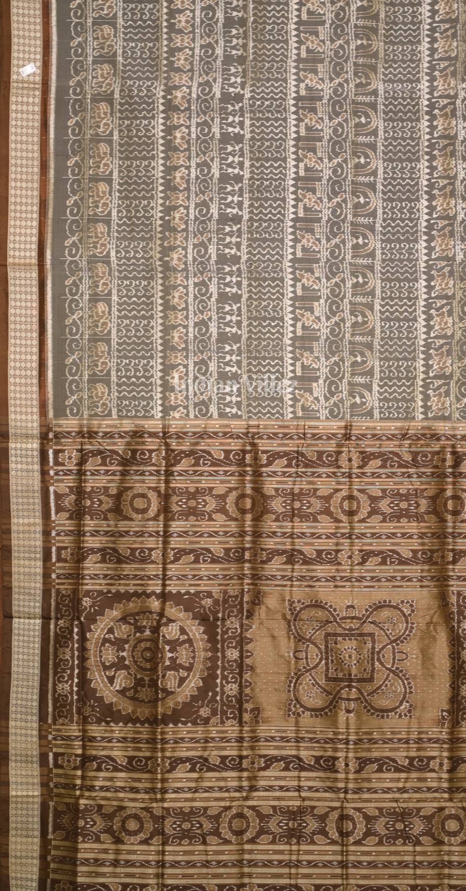 Grey Brown Tribal Lotus Motif Odisha Ikat Sambalpuri Silk Saree