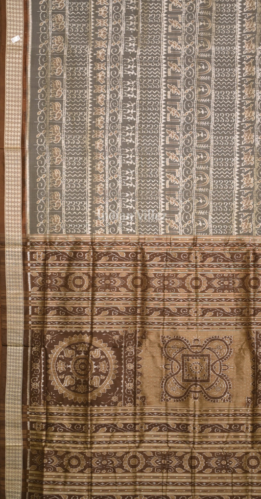Grey Brown Tribal Lotus Motif Odisha Ikat Sambalpuri Silk Saree