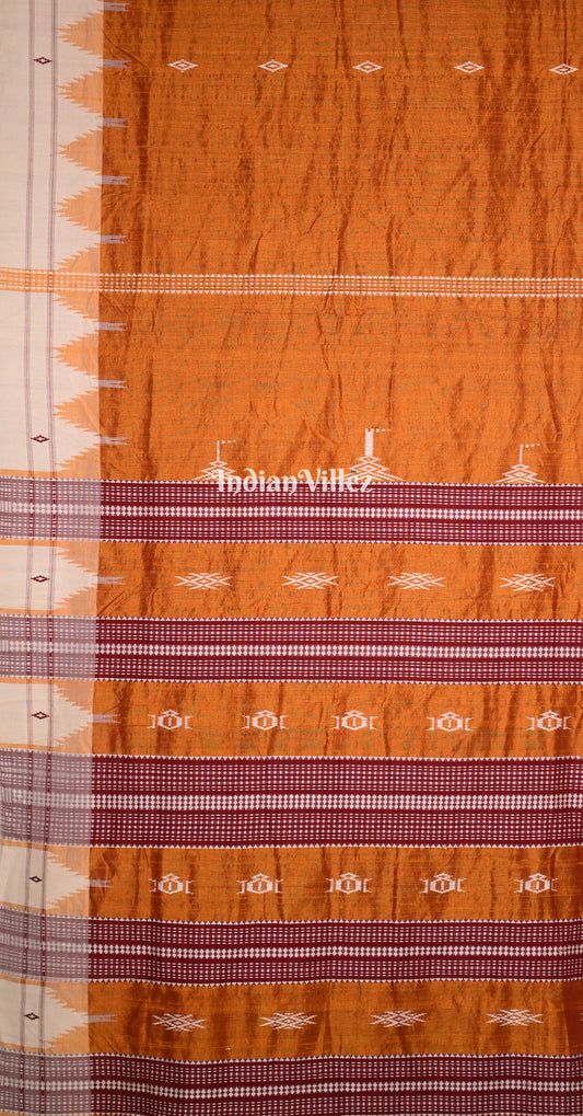 Rust Orange White Odisha Handloom Natural Dye Kotpad Tussar Saree 