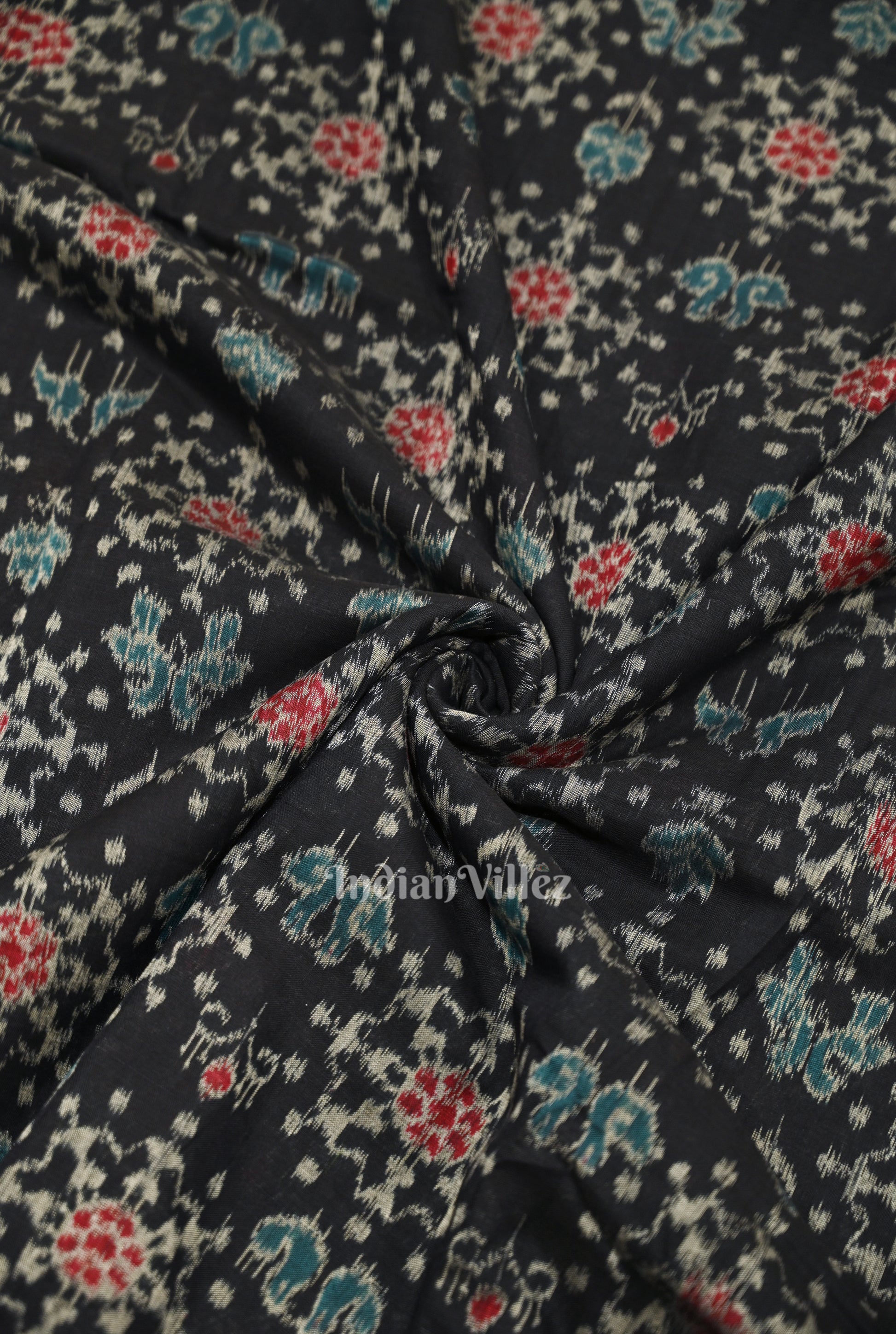 Black Tribal Jhoti Theme Sambalpuri Odisha Ikat Cotton Fabric 