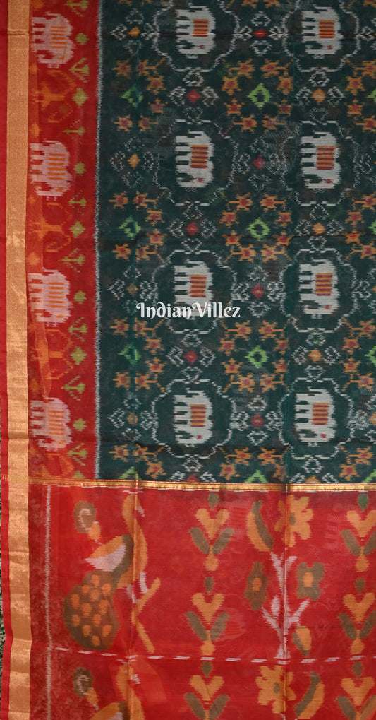 Bottle Green Red Pochampally Ikat (Sico) Saree