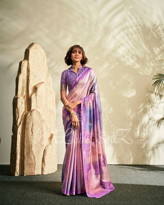 Sky Blue Shaded Floral Linen Saree with Zari work