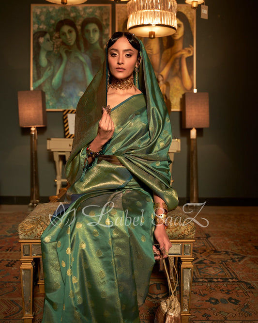 Rama Green Zari Base Tissue Banarasi Handloom Saree