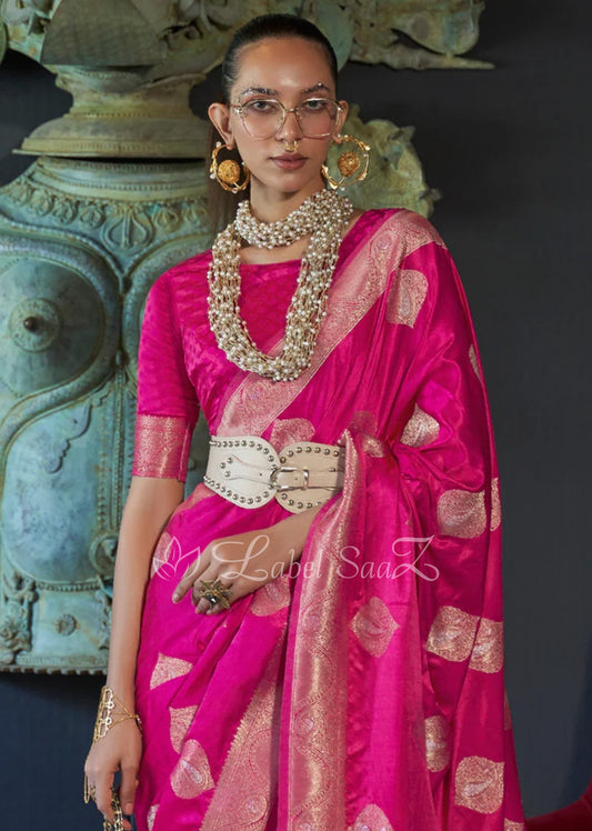 Pink Pure Handwoven Satin Silk Banarasi Saree