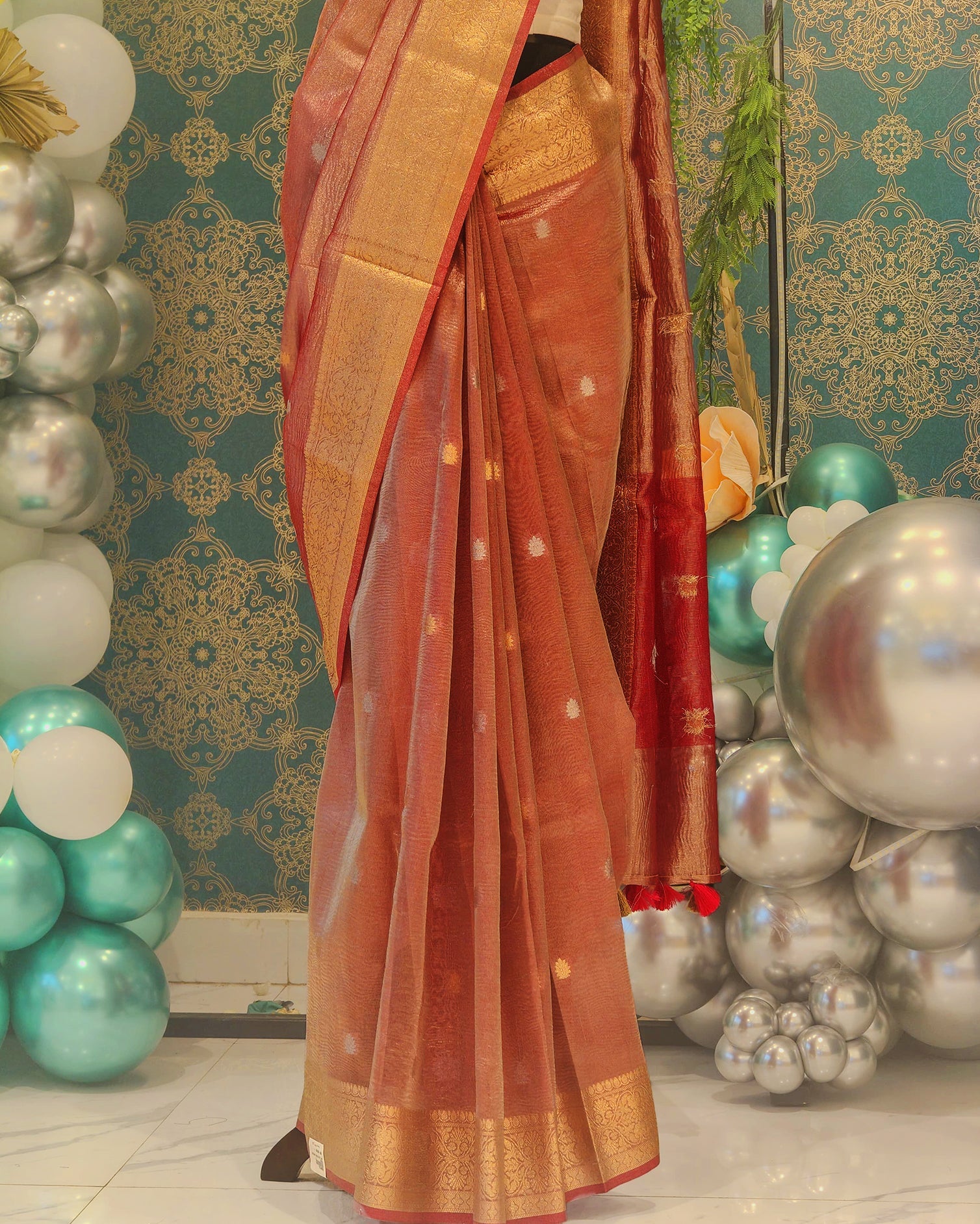 Red Orange Banarasi Crushed Tissue Saree with Buti & Zari Border