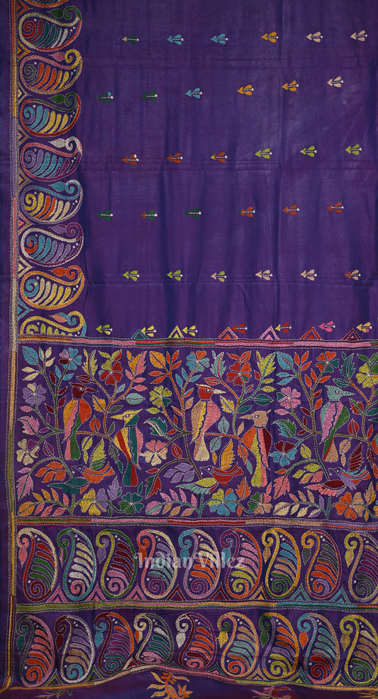 Purple Dual Tone Handwoven Kantha Stitch Silk Saree