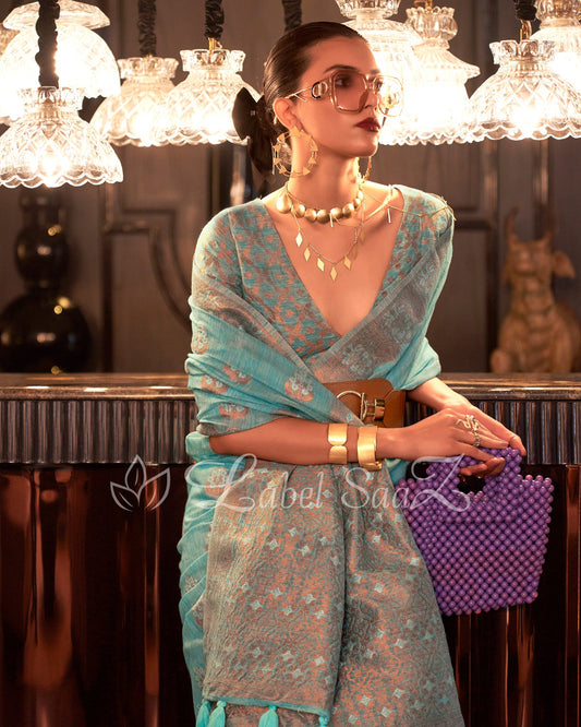 Sky Blue Linen Banarasi With Copper Zari Saree