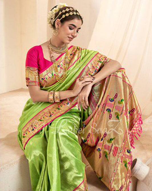 Parrot Green Rewa Tissue Handloom Paithani Saree